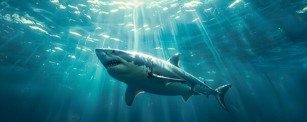 Fototapeta premium A great white shark swims through the ocean, sunbeams streaming down.