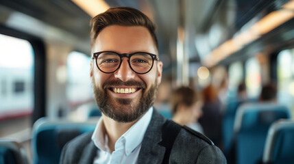 Obraz premium portrait of a smiling businessman in a modern train