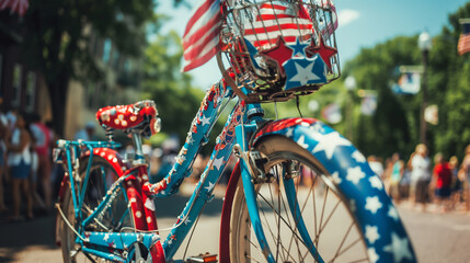 A photo of a decorated bicycle for a Fourth of July parade, US Independence Day, hd, with copy space