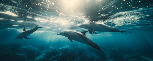 Fototapeta premium Three dolphins swim in a sunlit ocean.