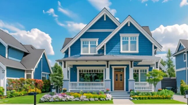 blue and white suburban house illuminated by the soft early morning light. The traditional design features a pitched roof, large windows, and a well-maintained garden.
