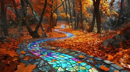 A crossroads where paths of stained glass wind through a vibrant autumn forest. The colors of the glass complement the fall leaves. A gentle breeze stirs the leaves, adding movement to the scene.