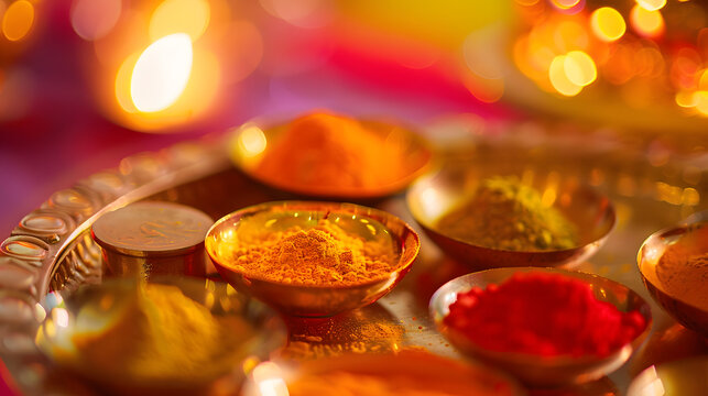 Indian Wedding Essentials at the time of Haldi Ceremony or Pithi Ceremony Selective Focus is used : Generative AI