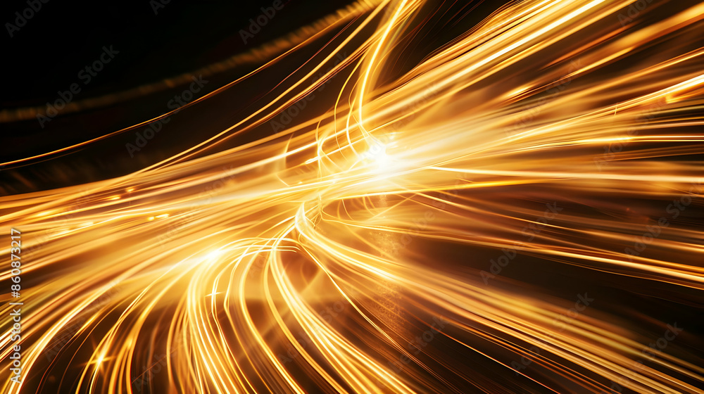Poster abstract glowing light trails on a dark background, creating a dynamic and vibrant pattern.