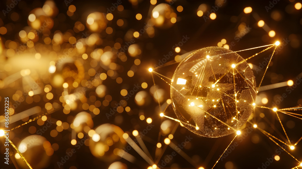 Poster abstract gold network structure with glowing nodes and connections, representing futuristic technolo
