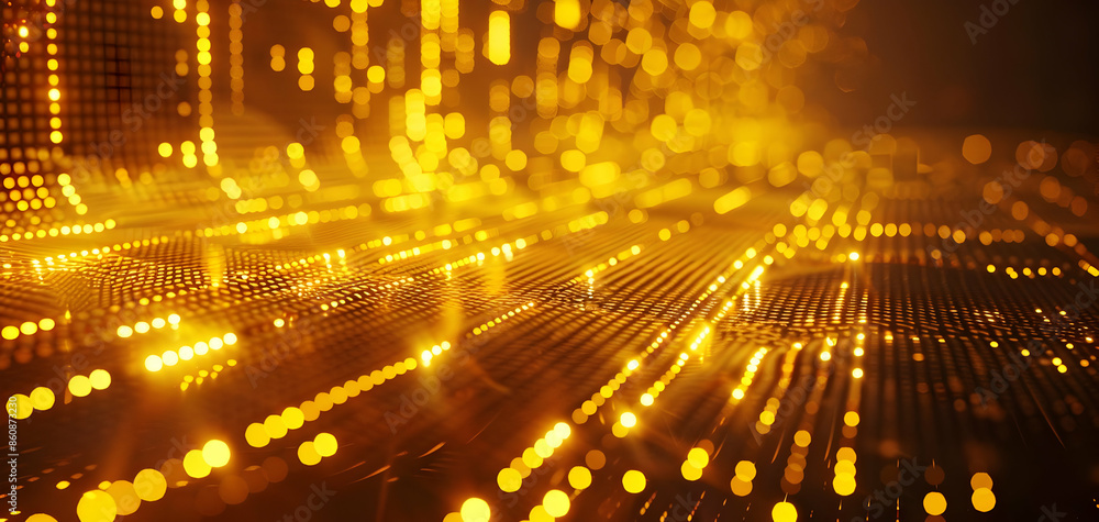 Poster abstract golden digital landscape with glowing dots and lines. futuristic grid pattern for technolog