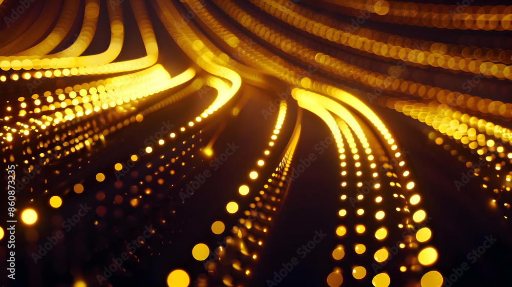 Poster abstract golden light beams and bokeh sparkles, creating a futuristic, glowing digital wave backgrou