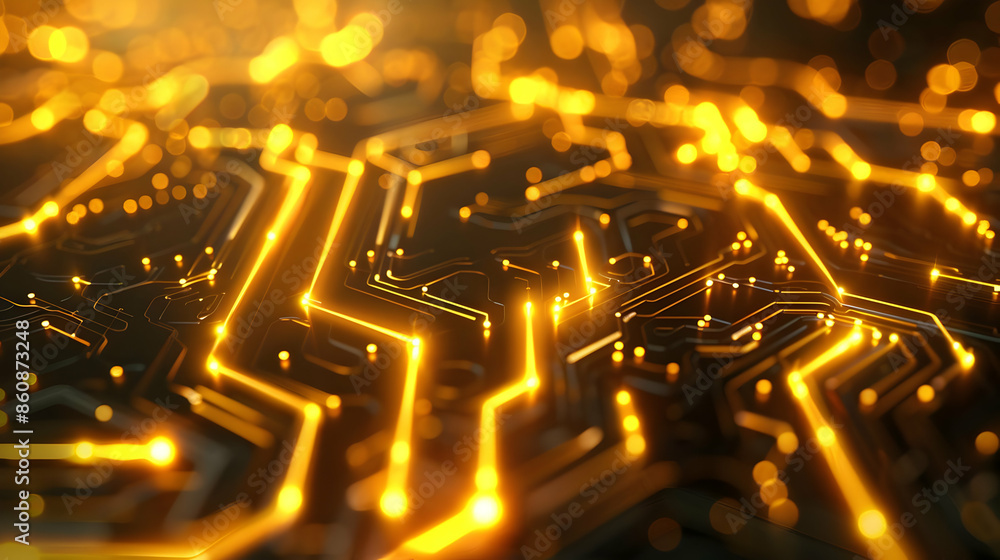 Poster close-up of a glowing golden circuit board representing advanced technology and digital connections.
