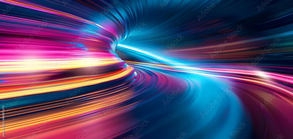 Poster dynamic abstract light trails creating a sense of motion and speed, featuring vibrant colors and glo