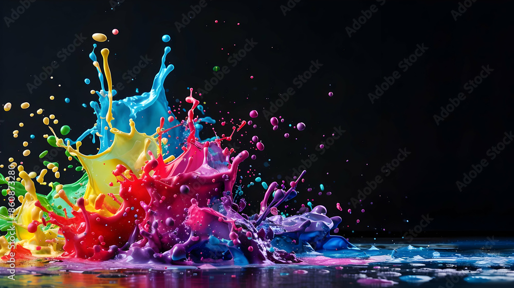 Poster dynamic splash of vibrant colors against a dark background, capturing motion and creativity in a stu