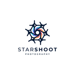 photography logo with camera lens accents and colorful stars