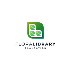 library logo about flora with book page accents, letter L and leaves