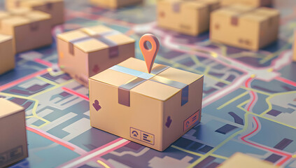 A cardboard box with a location pin on a map surrounded by other boxes.  Conceptual image of delivery and logistics.