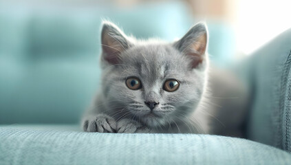 A cute gray kitten with big green eyes peeks from behind a blue couch.