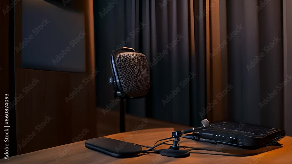Poster three microphones on a table in a recording studio generative ai