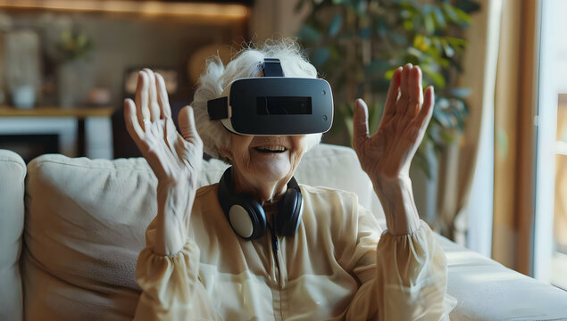 A senior woman wearing a VR headset with a surprised expression, experiencing virtual reality.