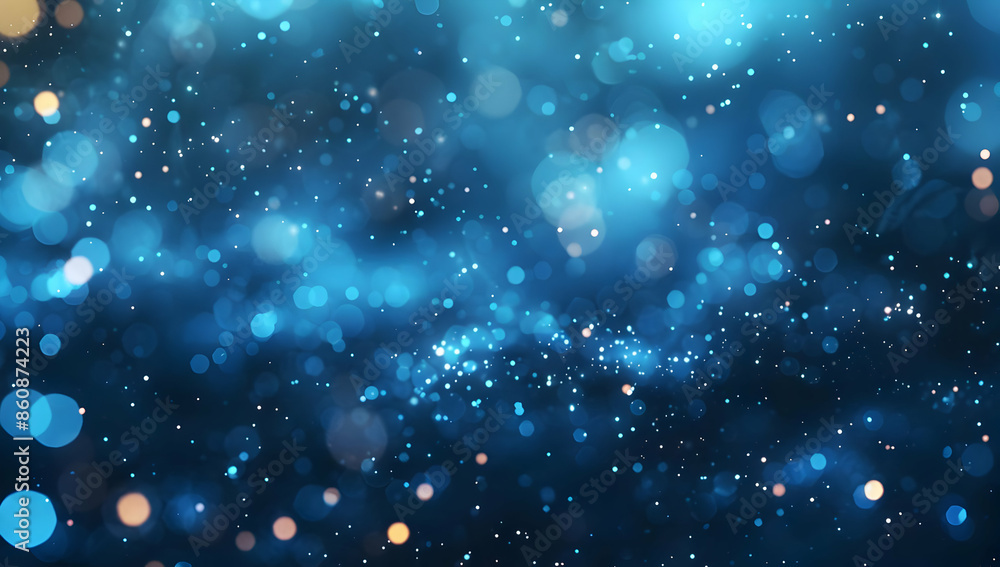 Poster abstract blue background with bokeh lights and glittering particles.
