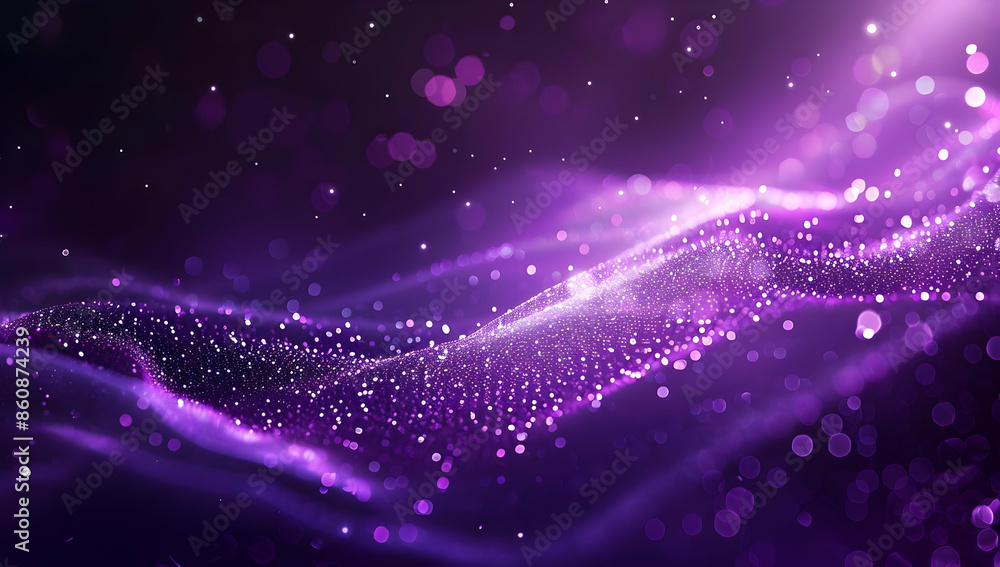 Poster abstract purple background with glowing particles and bokeh lights.