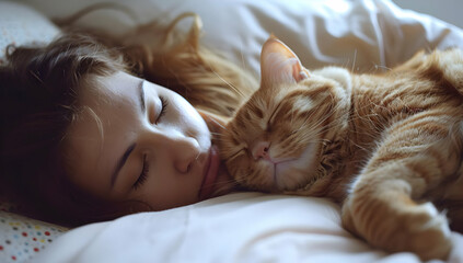A young woman sleeps peacefully in bed with her cat. The cat is curled up next to her, and they both look very cozy.