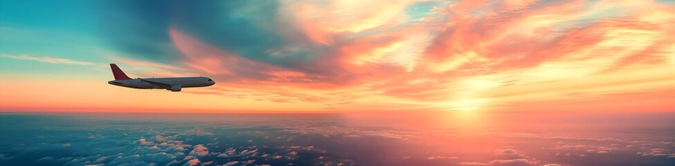 Fototapeta premium Airplane flying through a colorful sunset sky.