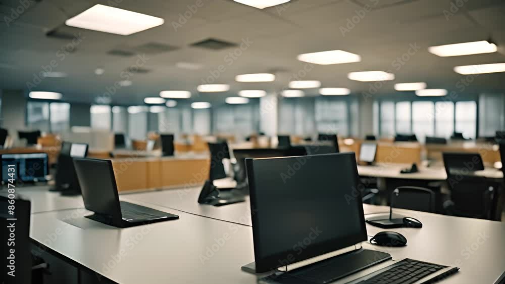 Aufkleber empty office desk with laptop and mouse generative ai