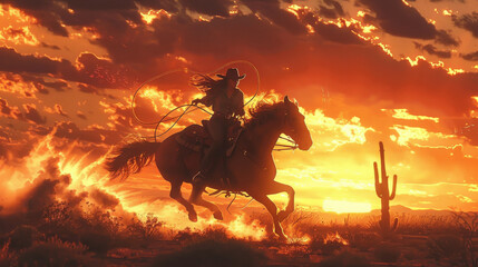 Fototapeta premium A woman riding a horse in a desert with a sunset in the background