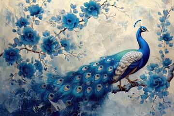 Peacock standing on a flower branch, Chinese painting