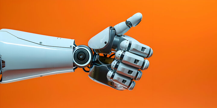 Robotic arm giving thumbs up gesture against orange background.