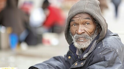 Homeless african american man seated at shelter dining table among diverse group
