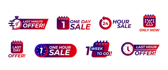 Business promotional icons set featuring sale countdown badges, one day sales, and last minute offer stickers in vector design.