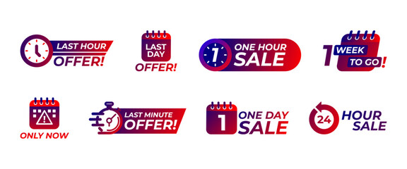 Countdown sale badges, one day offers, and 24-hour promo stickers depicted as vector icons for business deals.
