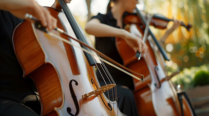 musicians playing cello and violin in yard : Generative AI