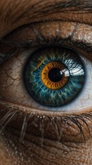 Close-up detail of a human eye, highlighting the iris, eyelashes and pupil. Vision concept and ocular anatomy.