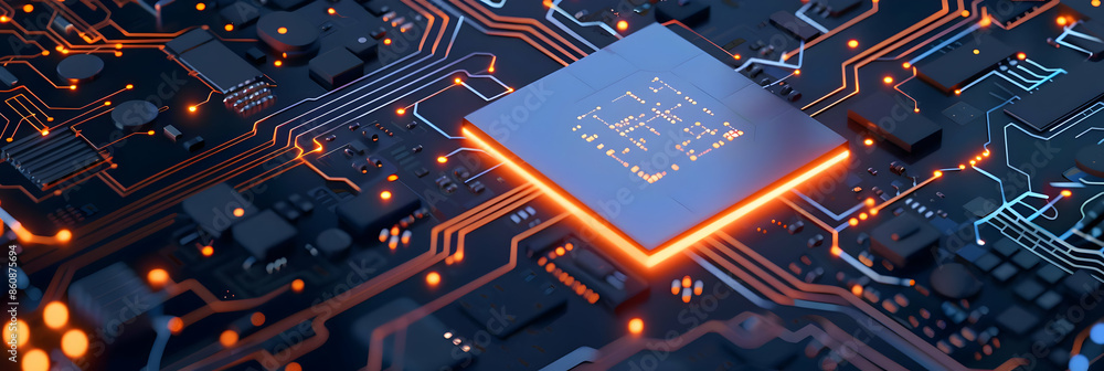Poster a close-up shot of a computer chip on a circuit board, glowing with orange light.