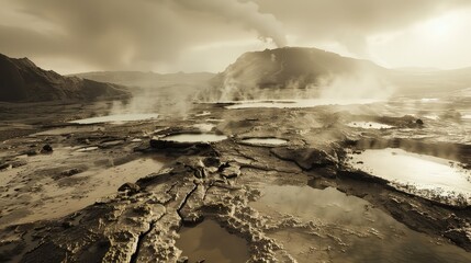A hot spring area in the midst of a volcanic field, with boiling mud pools and steaming vents creating a misty, otherworldly atmosphere.