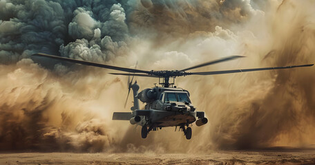 Obraz premium A military helicopter flies through a cloud of dust and smoke during a mission.