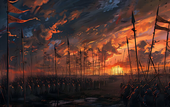 A vast army stands silhouetted against a dramatic sunset, their banners fluttering in the wind. A sense of anticipation and impending conflict hangs heavy in the air.