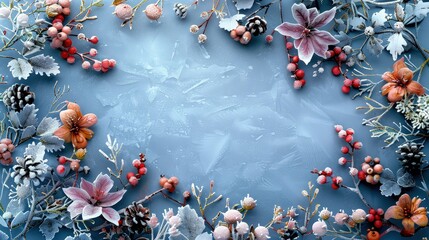 A landscape-oriented frame surrounded by a frosty mix of winter flowers and berries on an icy blue background, capturing the essence of winter's chill and beauty.