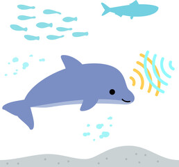 超音波を放ちながら泳ぐイルカのデフォルメイラスト
