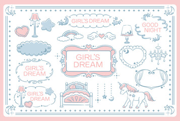 ゆめかわ、ガーリーなパステルトーンのイラスト素材。フレームやコーナーも。ベクターイラスト素材。