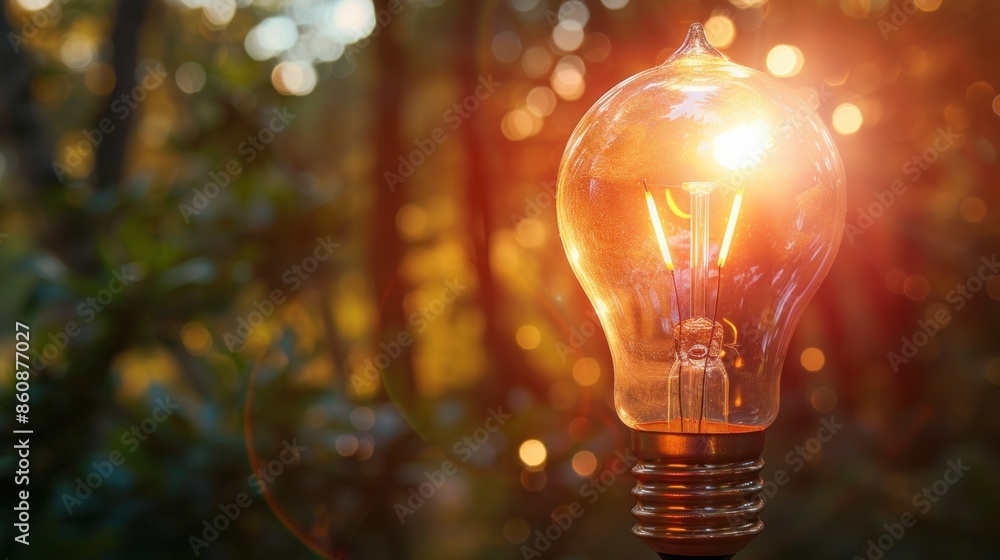 Poster a light bulb is lit up in a forest. generate ai image