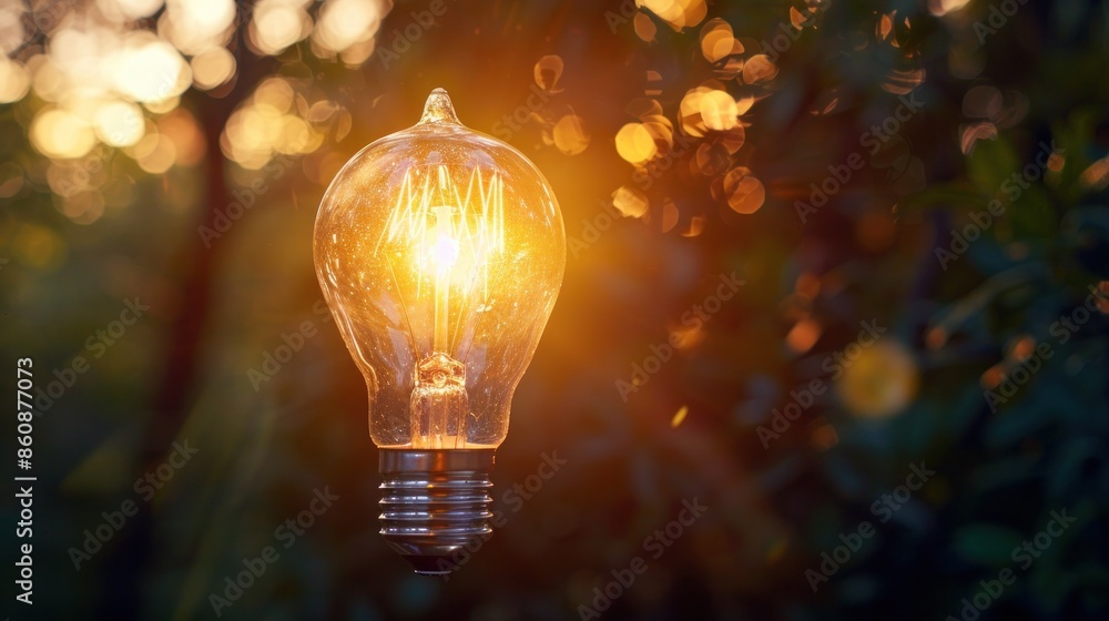 Poster a light bulb is lit up in a forest. generate ai image