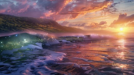 A mystical sunrise over the ocean, where each wave carries a sparkle of magic, the hills hold ancient secrets, and the sky above is a canvas of unimaginable colors.