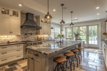 Modern Kitchen With Brick Backsplash and Large Island