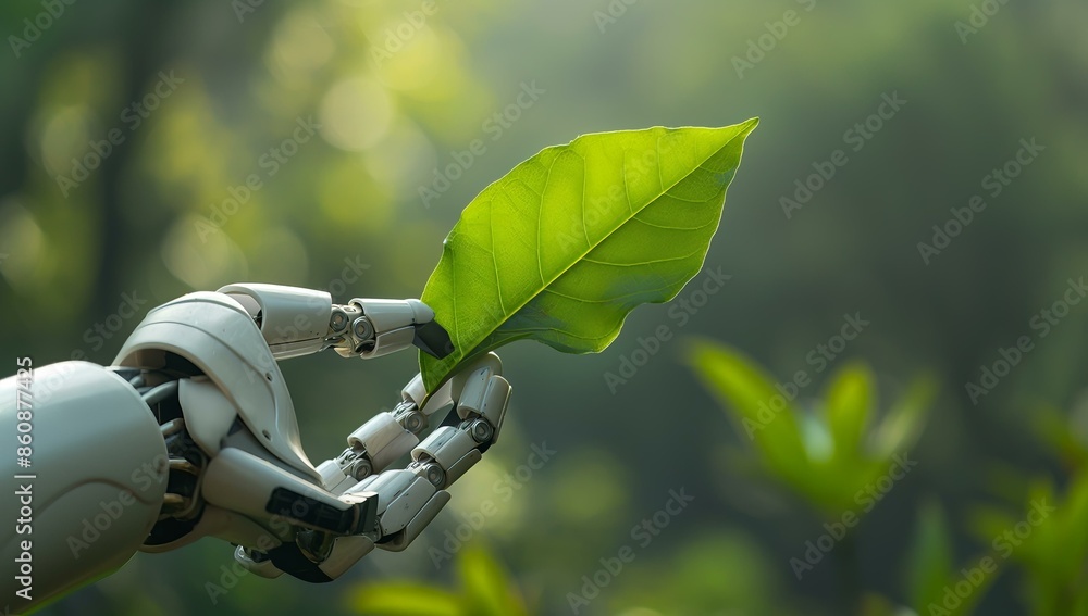 Poster a robotic hand gently holding a green leaf, symbolizing the integration of advanced technology with 
