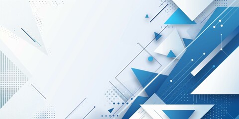 A dynamic blue and white background featuring various geometric shapes such as triangles, lines, and dots. The image has a modern and abstract technology theme