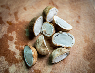  Pieces of puff ball mushroom (other named is Earthstars mushroom) after cutting and prepare for cooking.
