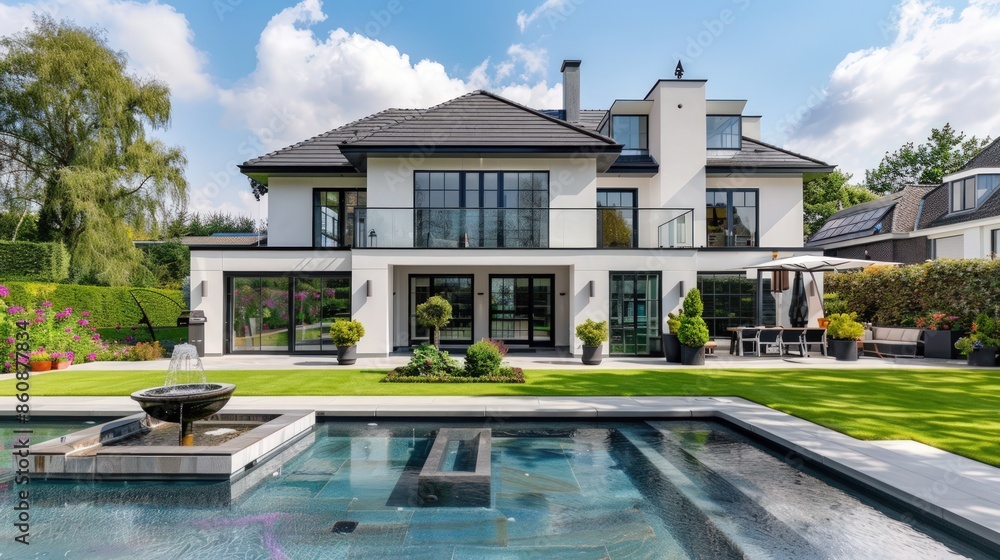 Poster a large house with a pool and a fountain in the front yard. generate ai image