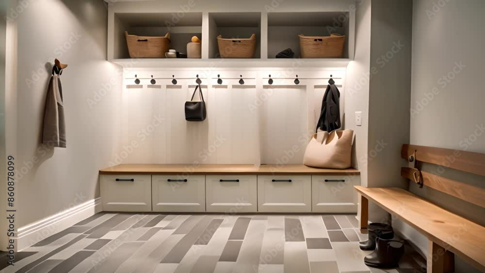 Poster modern entryway with bench and storage generative ai