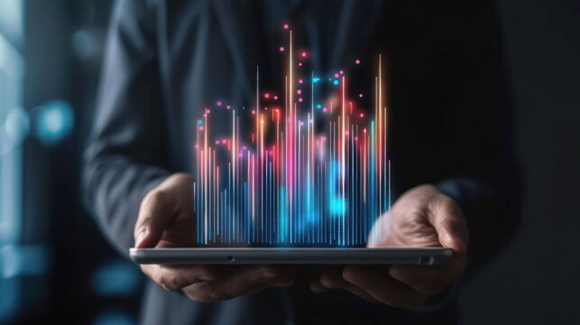 businessman hold tablet on hand, hologram data graph - Powered by Adobe